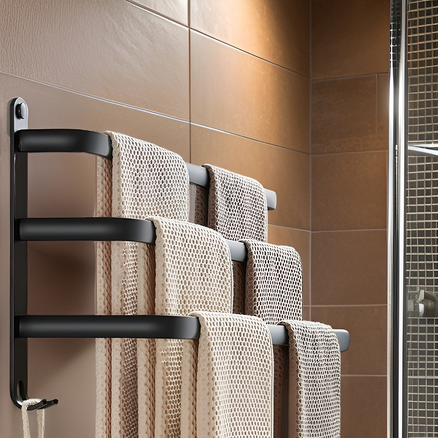 Easy Install Wall Mount Towel Rack - Black Aluminium Holder - Fesara