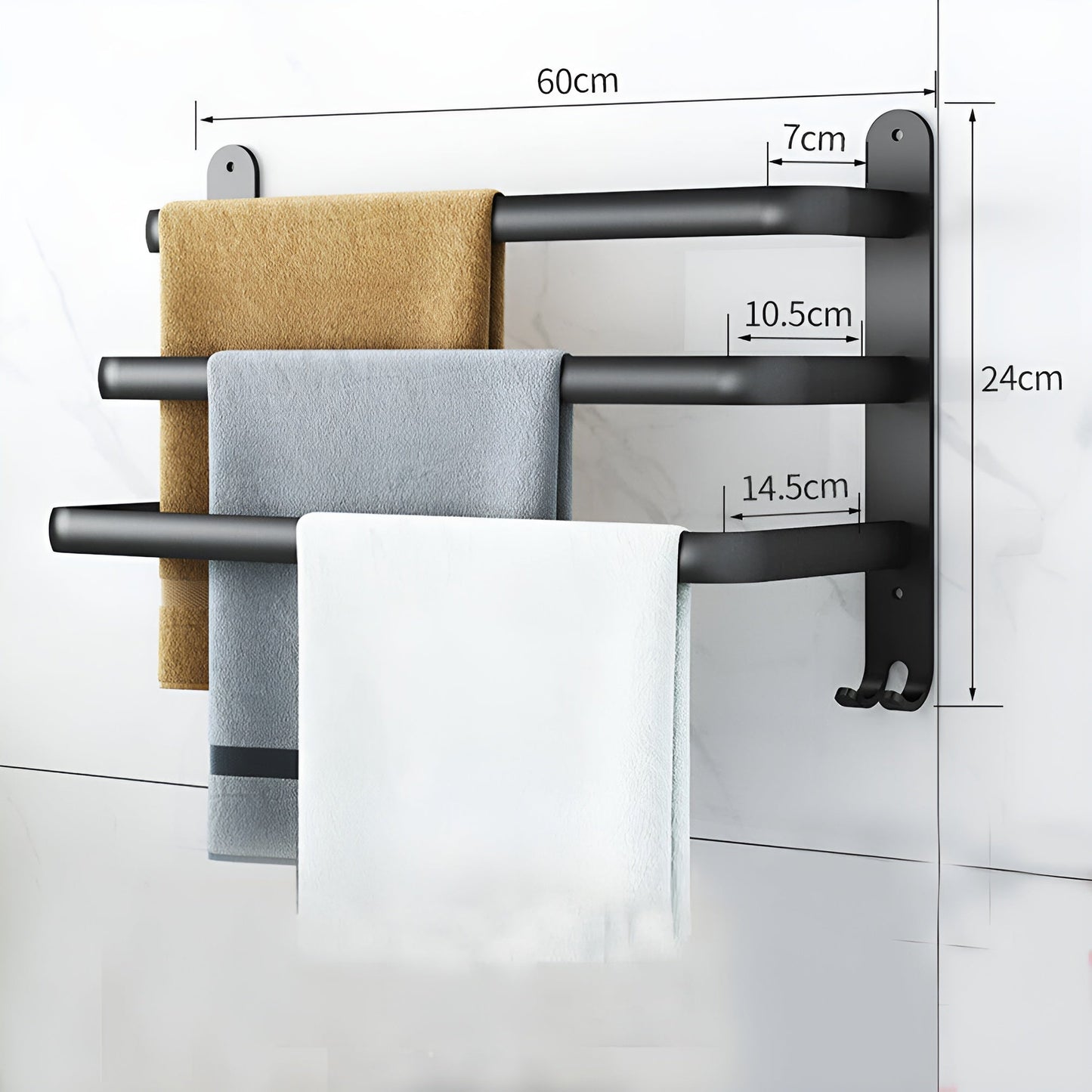 Easy Install Wall Mount Towel Rack - Black Aluminium Holder