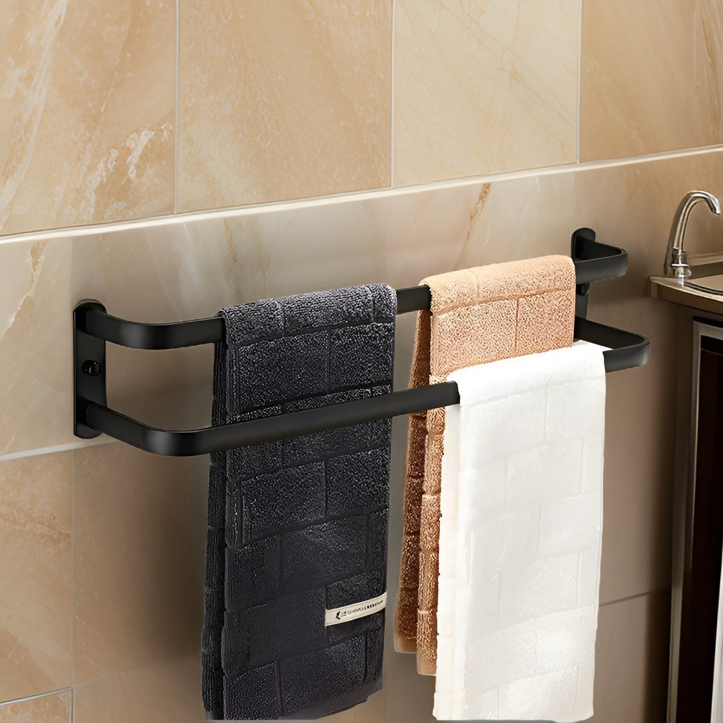 Easy Install Wall Mount Towel Rack - Black Aluminium Holder