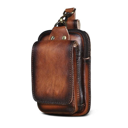Men's Real Leather Travel Belt Bag with Secure Snap Closure