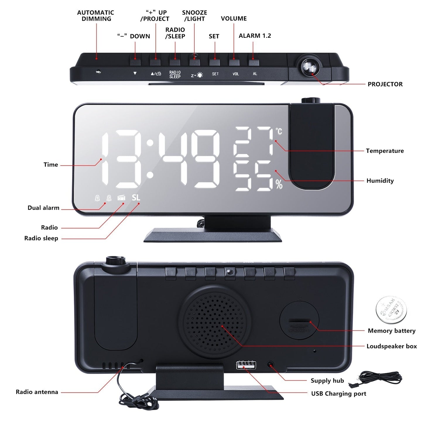 Smart LED Alarm Clock with Projector and USB Charging