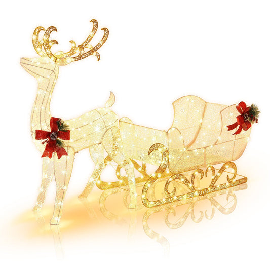 Festive Christmas Reindeer with Sleigh and 215 Twinkling Lights - Fesara