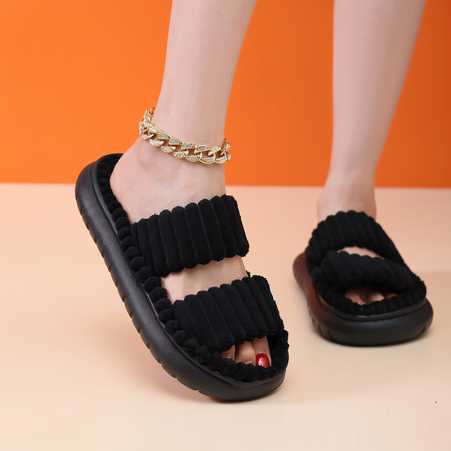 Cozy Faux Fur Slippers with Cross Strap Detail