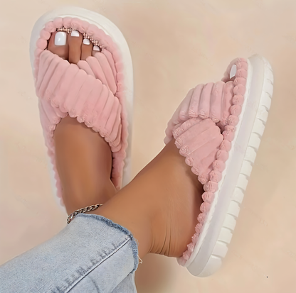 Cozy Faux Fur Slippers with Cross Strap Detail