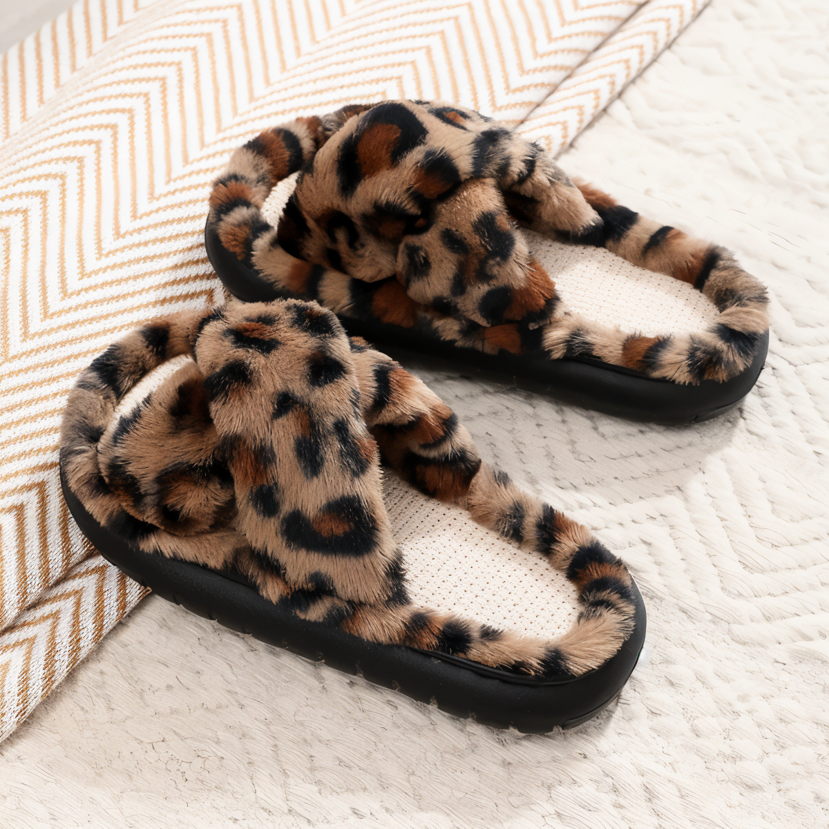 Cozy Faux Fur Slippers with Cross Strap Detail
