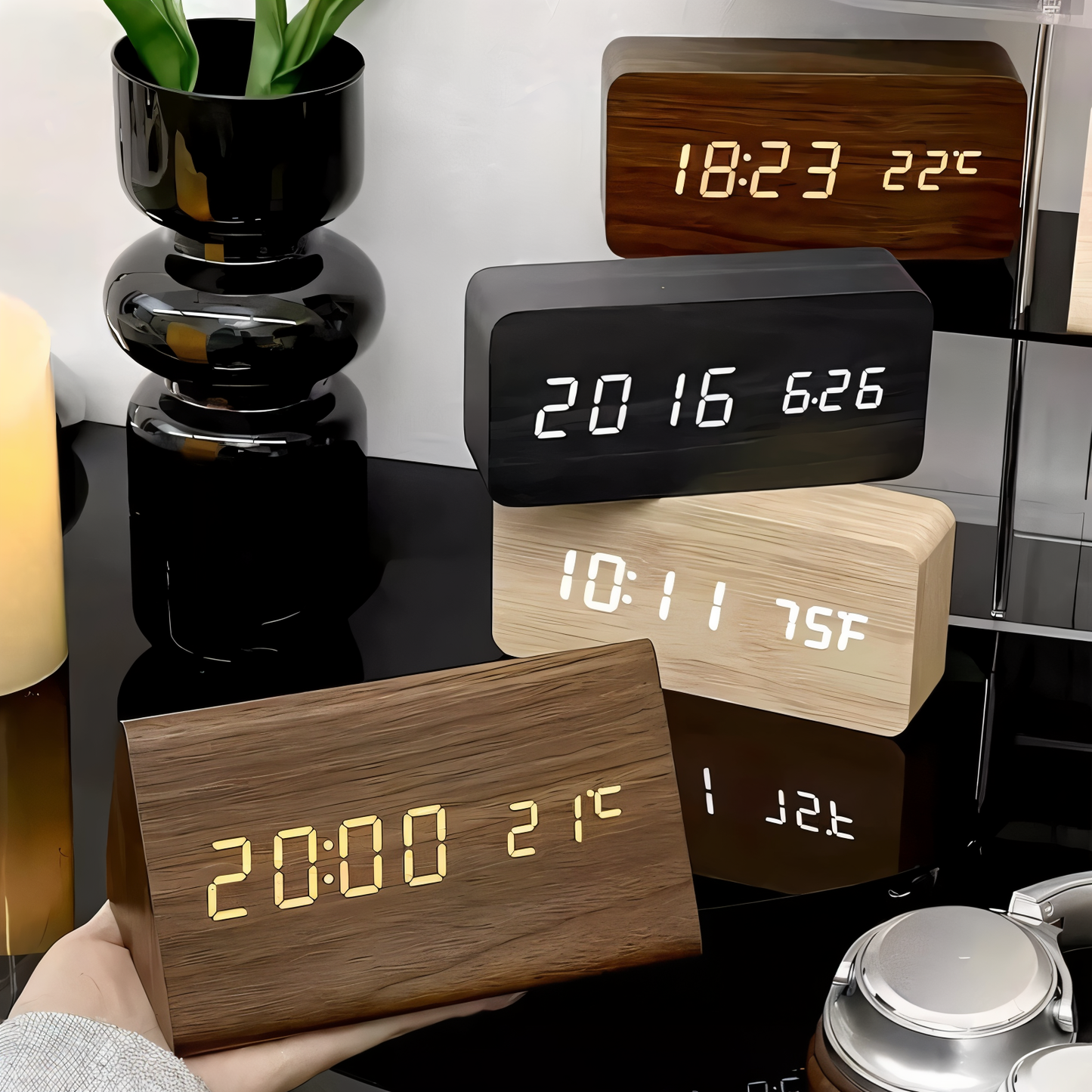 Smart Wooden LED Alarm Clock with Temperature Display