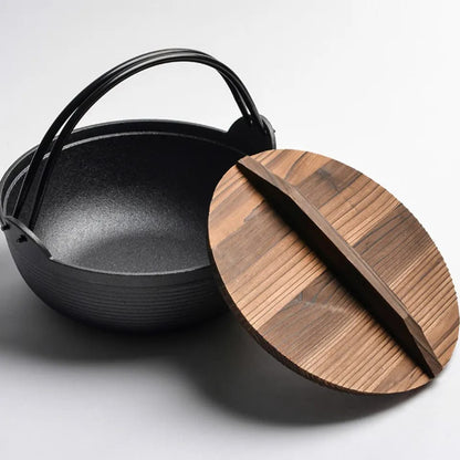 Non-Stick Cast Iron Wok with Flat Base and Wood Lid - Fesara