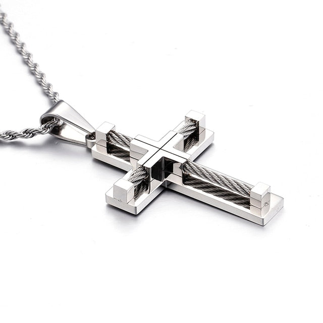 Silver Tone Cross Bead Necklace for Men