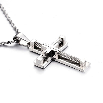 Silver Tone Cross Bead Necklace for Men