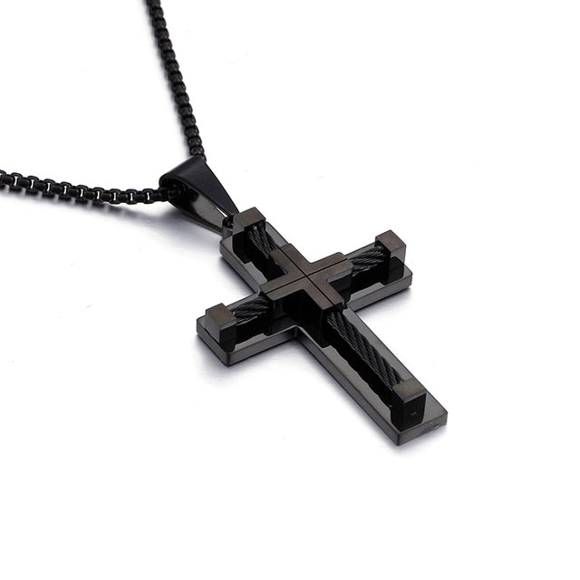 Silver Tone Cross Bead Necklace for Men - Fesara
