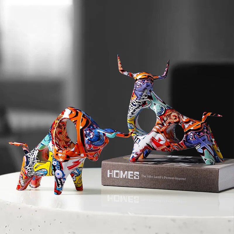 Vibrant Bull Figurine - Contemporary Resin Decor with Urban Art Style