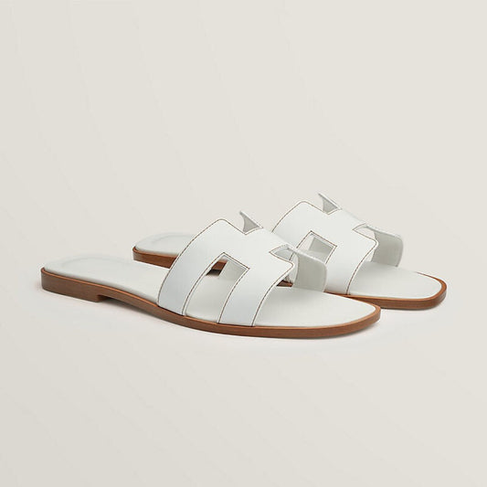 Classic Leather Sandals | White Strap With Wood Heel - Fesara