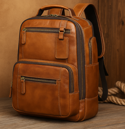 Durable Leather Backpack - Classic Zipper Closure - Fesara
