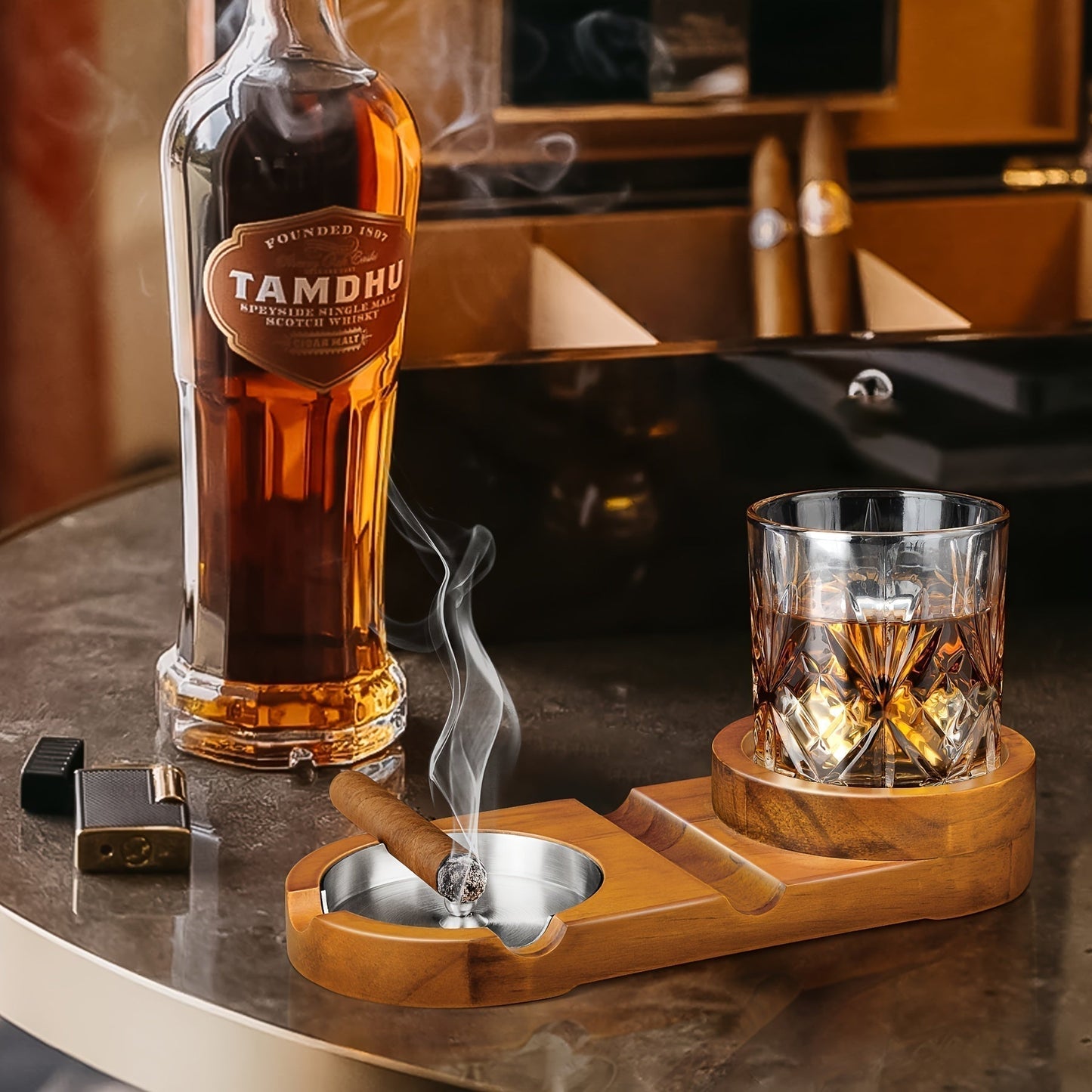 Premium Wood Cigar Ashtray with Whiskey Rest