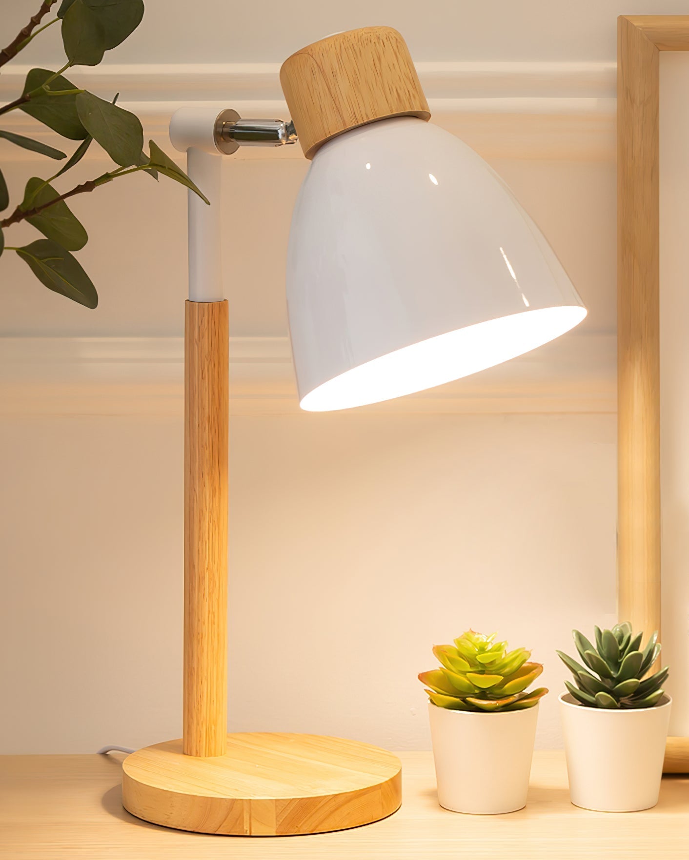 Warm Wooden Table Lamp with Pastel Shades
