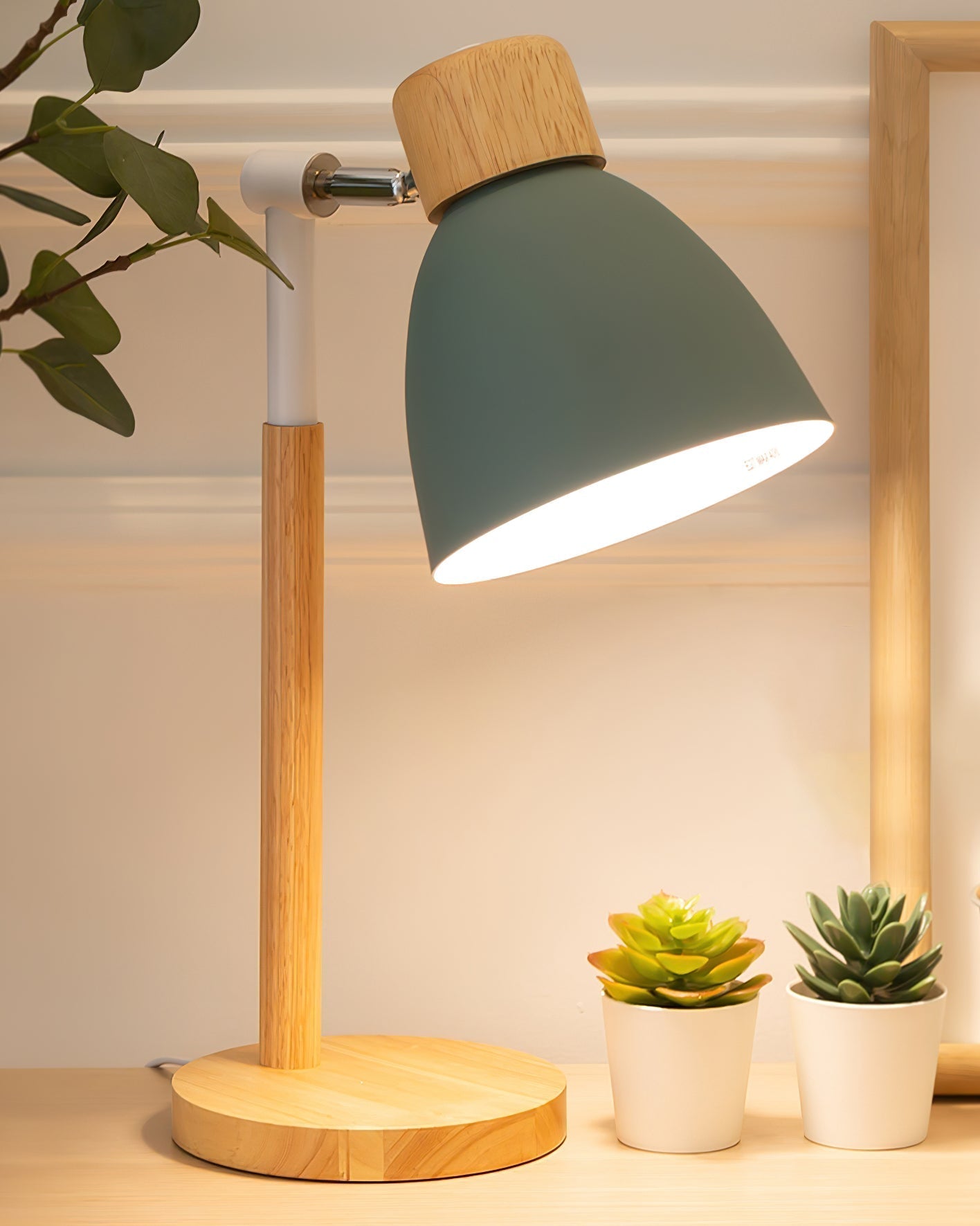 Warm Wooden Table Lamp with Pastel Shades