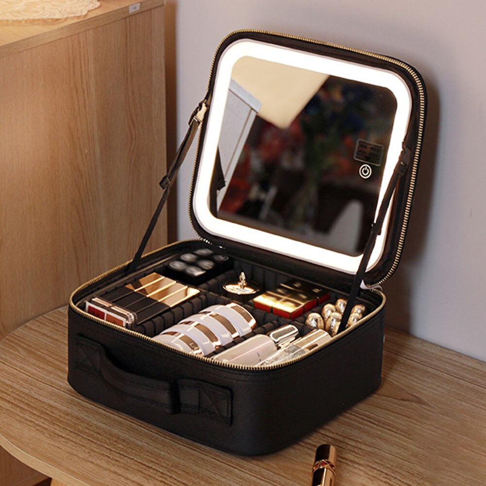 Compact Travel Cosmetic Box with LED Light & Mirror