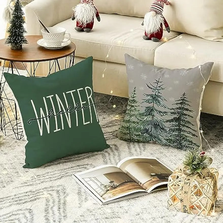 MerryCushion – Green Cushion Cover with Festive Christmas Print 45x45 cm 1