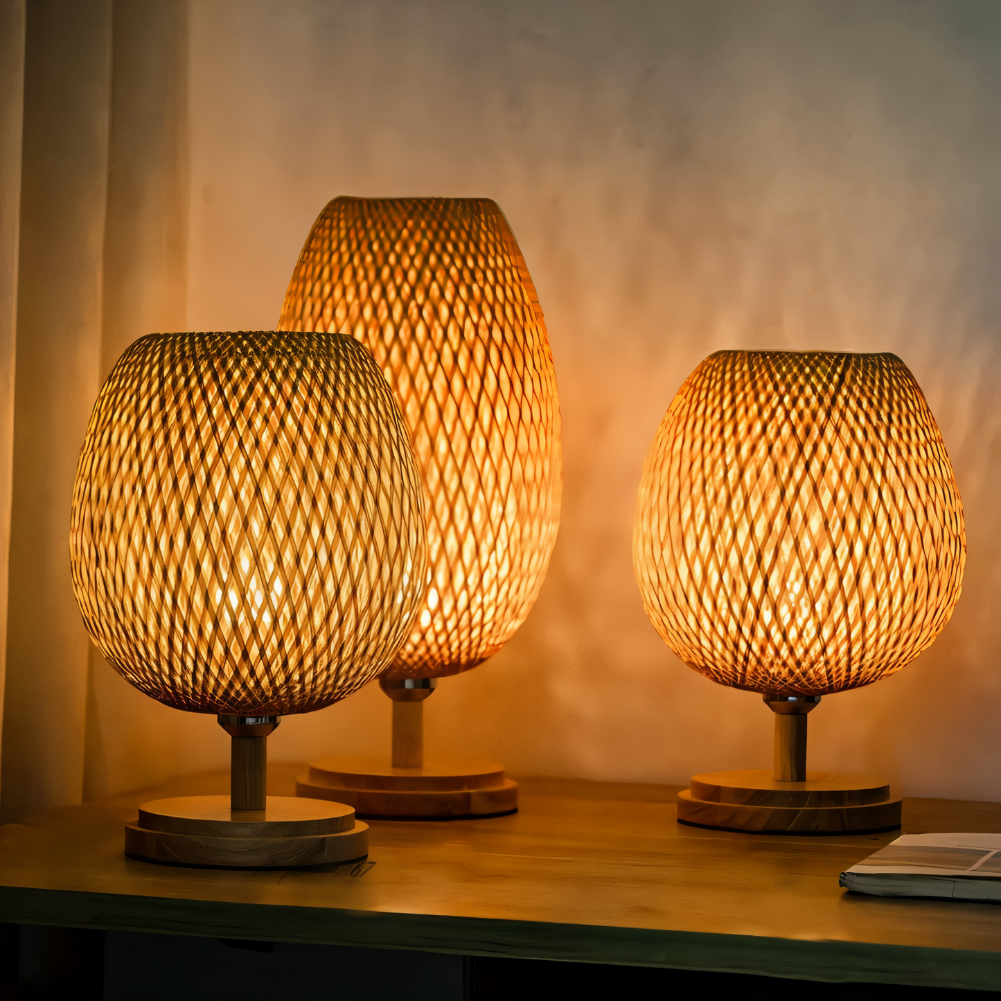 Rustic Bamboo Desk Lamp – Natural Woven Table Light - Fesara