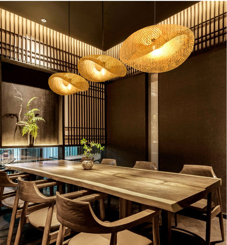 Natural Bamboo Pendant Light with Woven Shade