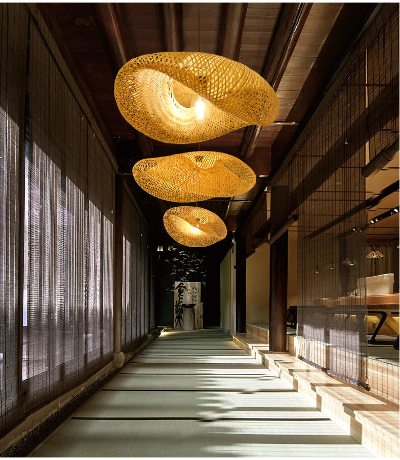 Natural Bamboo Pendant Light with Woven Shade