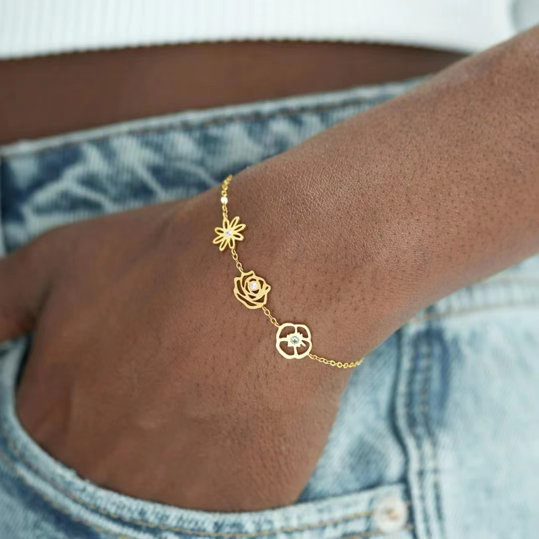 Delicate Birthstone and Flower Charm Bracelet - Fesara