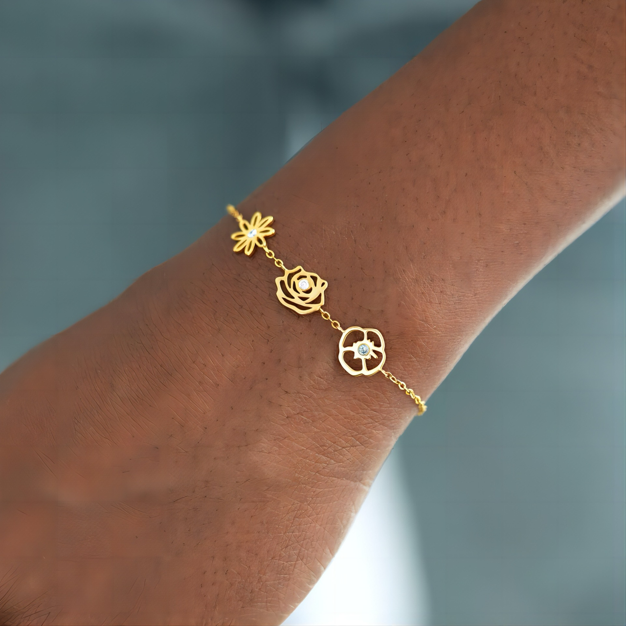 Delicate Birthstone and Flower Charm Bracelet