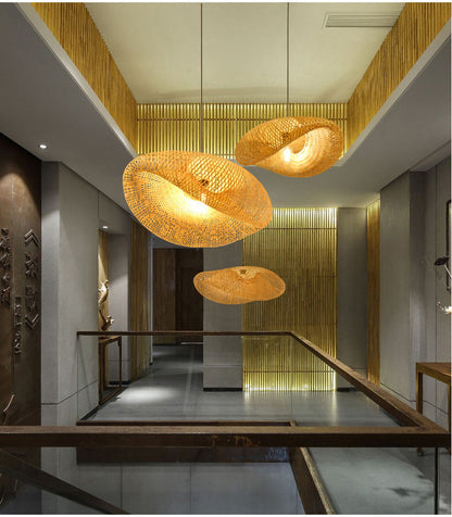 Natural Bamboo Pendant Light with Woven Shade