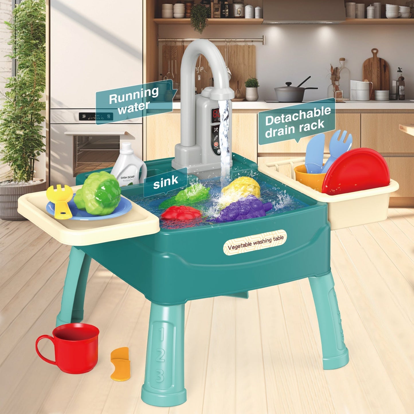 Kids Play Kitchen with Interactive Water Faucet
