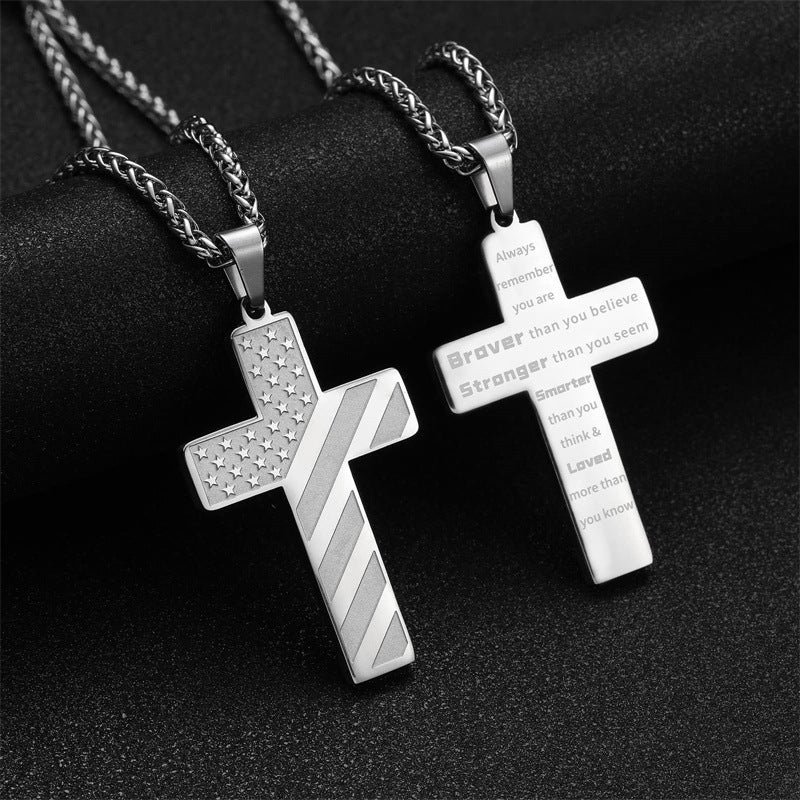 Patriotic US Flag Cross Pendant Necklace