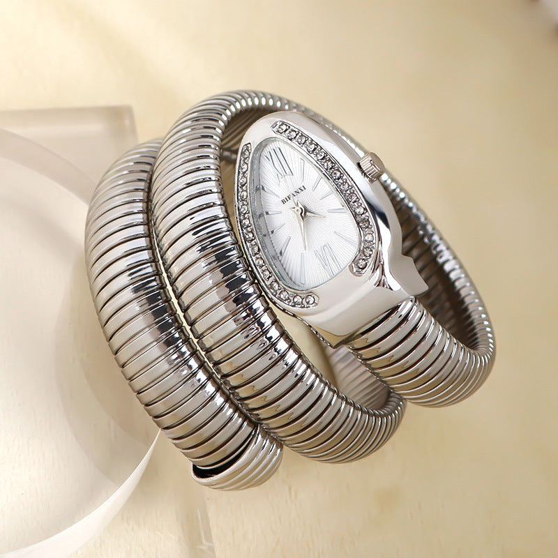 Luxury Stainless Steel Snake Watch with Oval Face