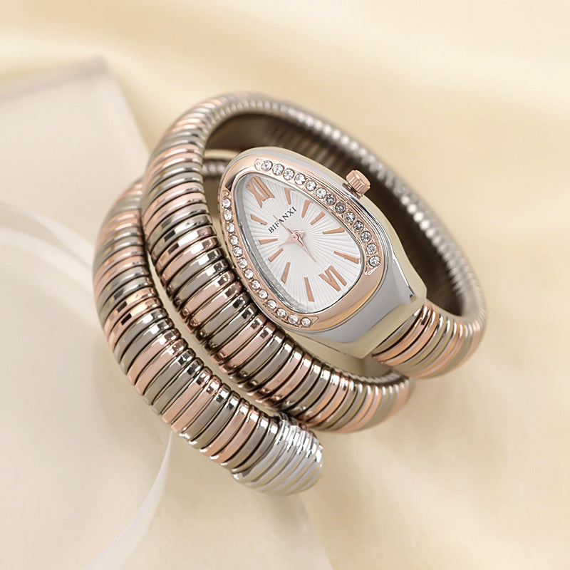 Luxury Stainless Steel Snake Watch with Oval Face