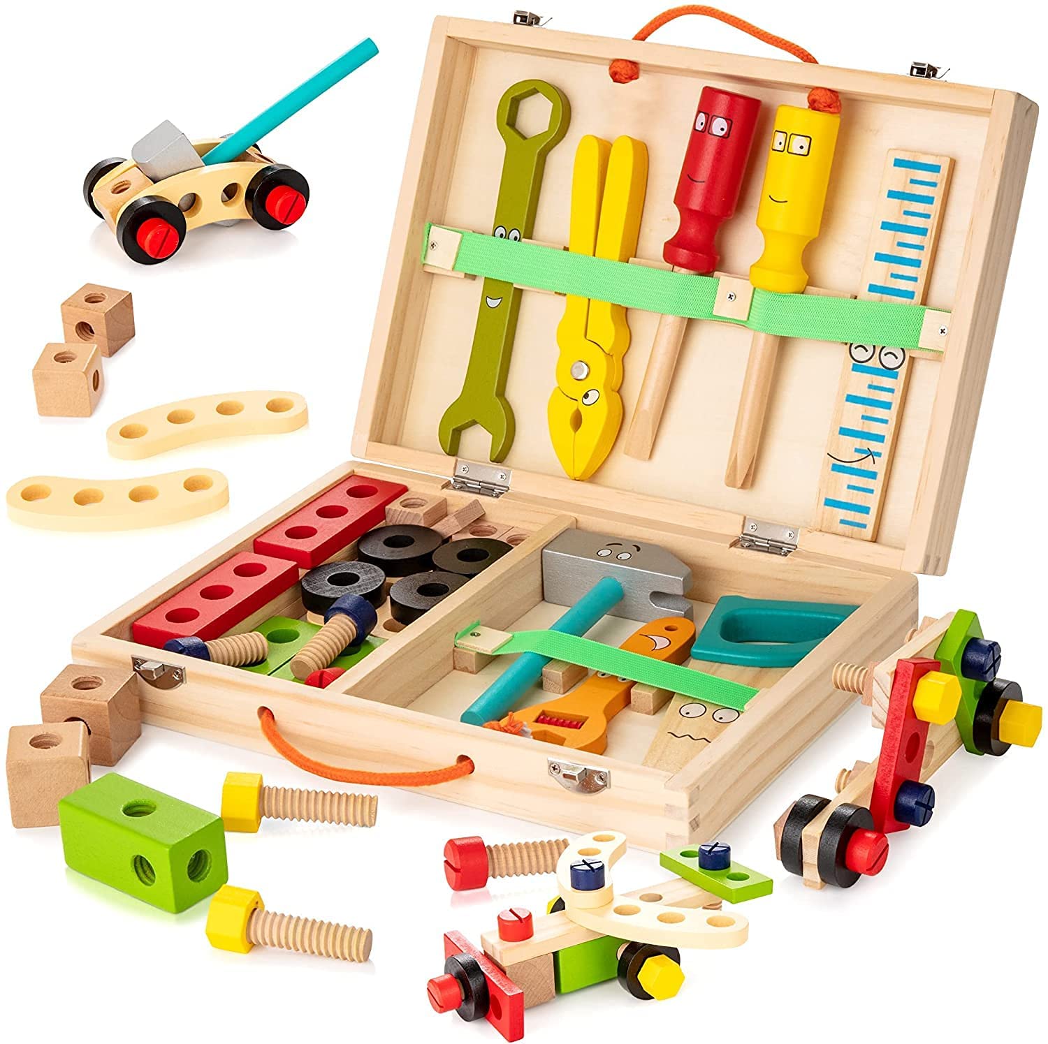 Fun Kids Tool Kit | Colorful Wooden Toy Box - Fesara