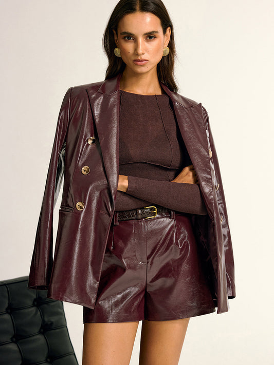 Faux Leather Blazer with Metal Buttons and Pocket - Fesara