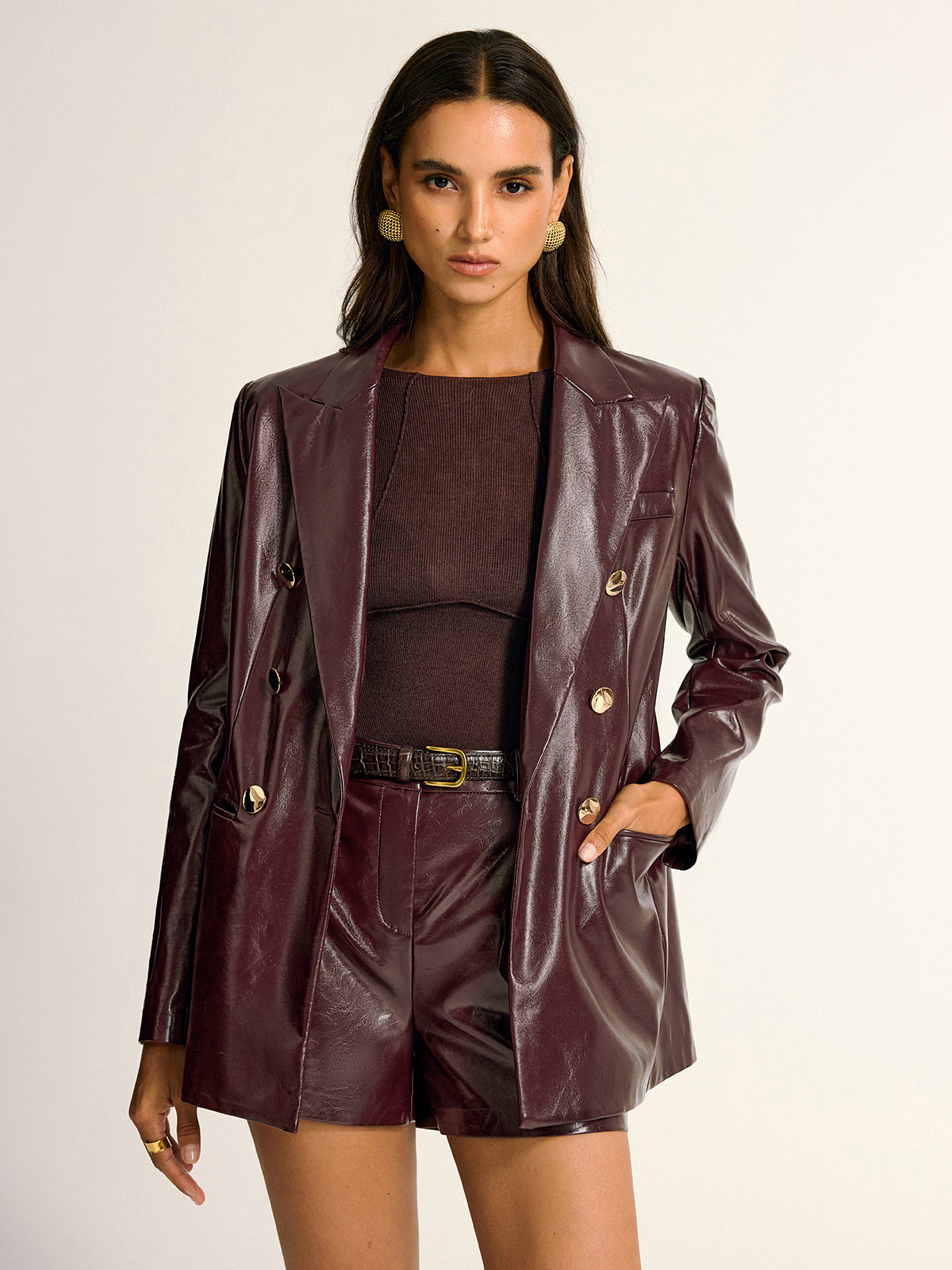 PU Leather Metal Button Lapel Pocket Blazer 1