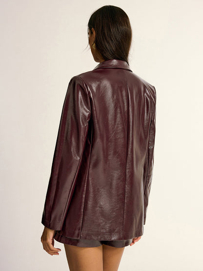 PU Leather Metal Button Lapel Pocket Blazer 5