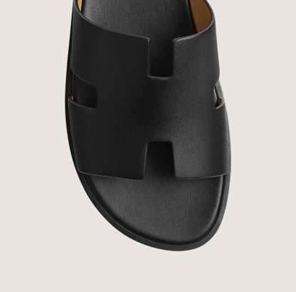 Classic Black Leather Mens Slide Sandals