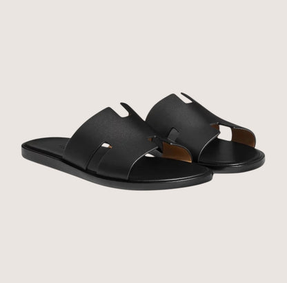 Classic Black Leather Mens Slide Sandals - Fesara