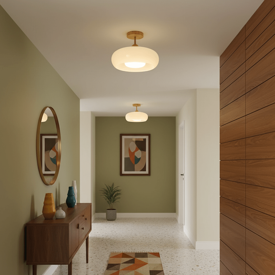 Rustic Wood Glass Semi Flush Mount Ceiling Light