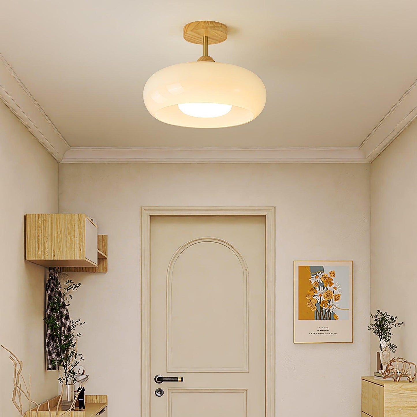 Rustic Wood Glass Semi Flush Mount Ceiling Light