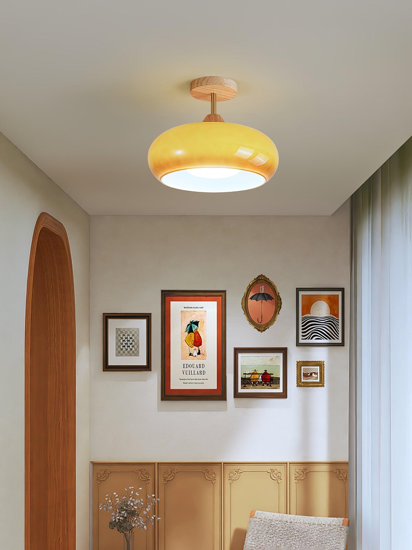 Rustic Wood Glass Semi Flush Mount Ceiling Light
