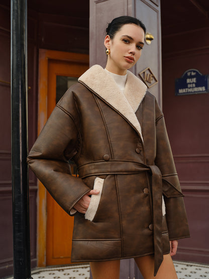 Pockets Belted Faux Leather Fleece Jacket 3