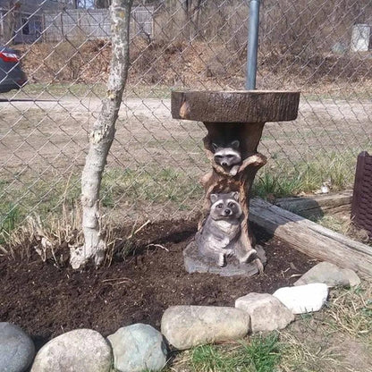 Classic Outdoor Bird Bath with Cute Raccoon Decor
