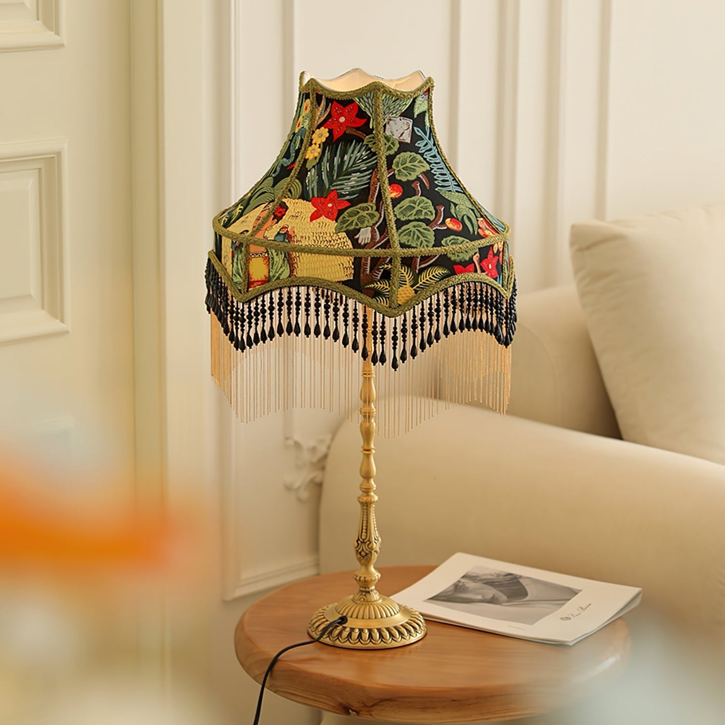 Classic Floral Table Lamp with Fringe