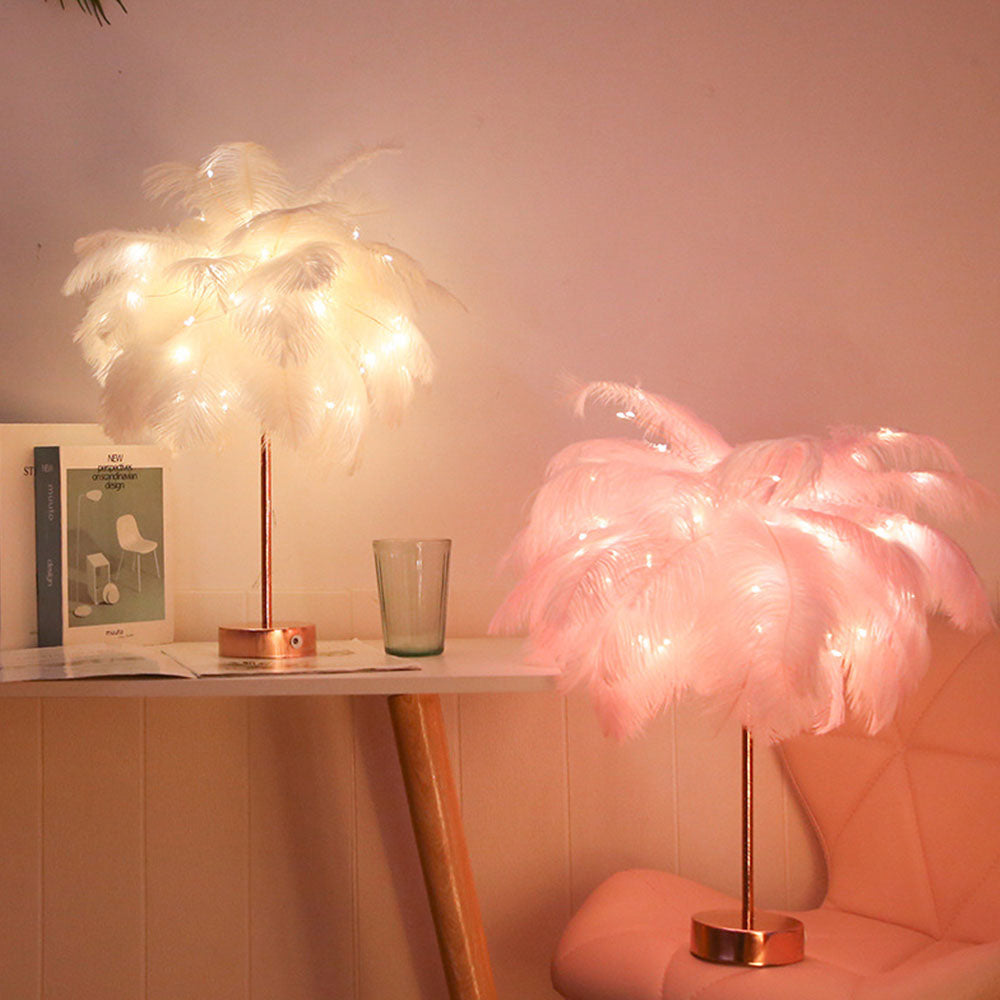 Unique Feather Table Lamp with Rose Gold Base