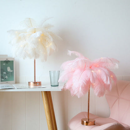 Unique Feather Table Lamp with Rose Gold Base