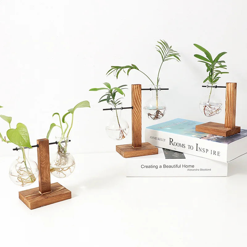 Modern Wood Accent Glass Vase Set for Fresh Flowers