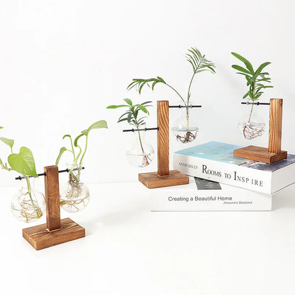 Modern Wood Accent Glass Vase Set for Fresh Flowers