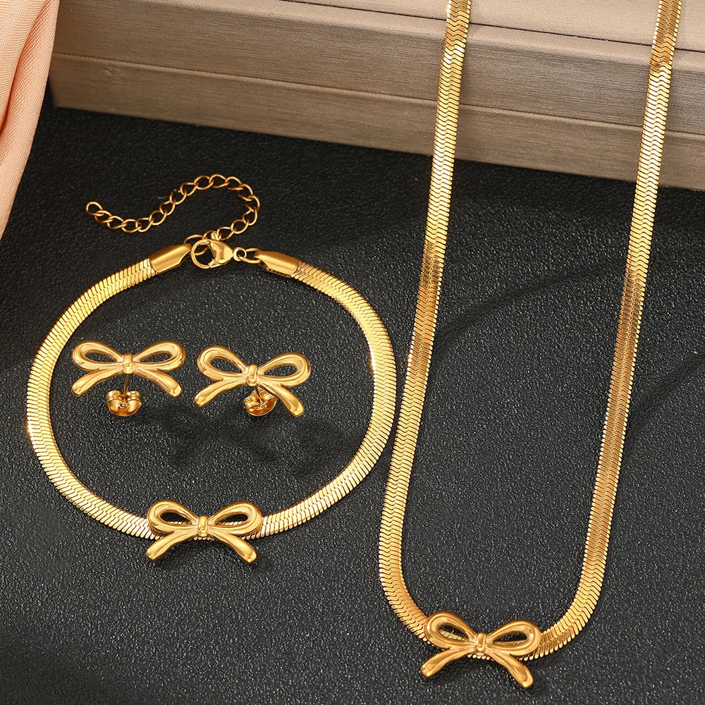 Delicate Bow Herringbone Jewelry Set for Women