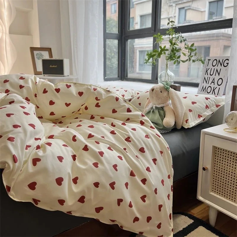 Cute Heart Duvet Cover Set - Soft Floral Bedding